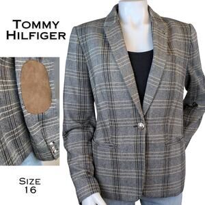 Tommy Hilfiger Womens Blazer 16 Gray Brown Herringbone Tweed Plaid Elbow Patches